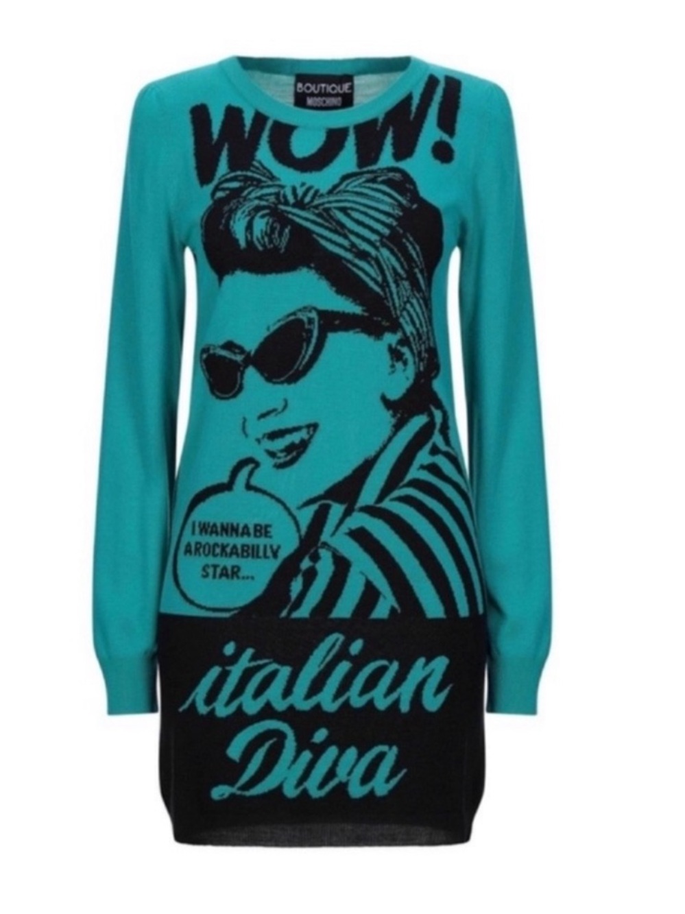 New! Boutique Moschino Italian Diva Wool Blend Graphic Sweater Mini Dress - Picture 2 of 7